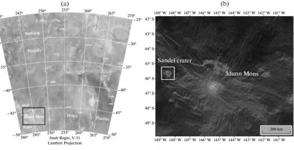 Слева: положение области Имд на Венере. Слева: радиолокационное изображение горы Идунн, полученное КА «Магеллан» (NASA). Изображение из статьи D’Incecco et al., 2021